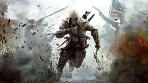 Connor Kenway z gry Assassin's Creed III, ubrany w charakterystyczny strój i kaptur... 8K