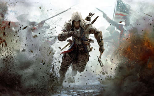 Connor Kenway z gry Assassin's Creed III, ubrany w charakterystyczny strój i kaptur... 7680x4800