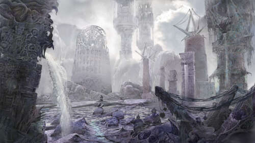 Detektyw stojący pośród zrujnowanych, starożytnych ruin, pod złowrogim niebem, w... 8K