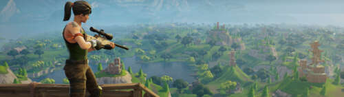 Stylizowana postać z gry Fortnite, gotowa do walki, umieszczona w kolorowym otoczeniu. Dual UHD