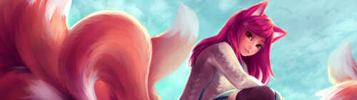 Ahri z gry League of Legends, przedstawiona z lisimi uszami, ogonem, spódnicą i wysokimi... Dual UHD