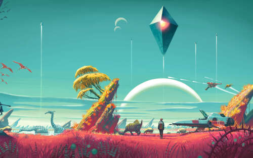 Bohater science fiction, znany jako Wędrowiec z gry No Man's Sky, eksploruje barwny,... 7680x4800