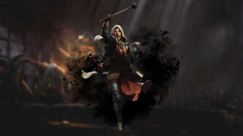 Mroczny bohater fantasy, ubrany w ciężką, średniowieczną zbroję, stoi na słabo oświetlonym,... 8K