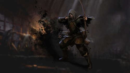 Mroczny wojownik z gatunku fantasy przemierza słabo oświetlony, kamienny korytarz... 8K