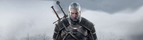 Zbliżenie portretu Geralta z Rivii z gry Wiedźmin 3: Dziki Gon. Dual UHD