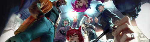 Zdjęcie grupowe przedstawiające Ezreala, Setta, Kayna i K’Sante, członków zespołu... Dual UHD