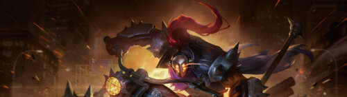 Jax z gry League of Legends, stojący obok potężnego motocykla, łączący elementy fantastycznych... Dual UHD