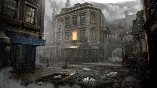 Mroczna, deszczowa ulica w Londynie, na której znajduje się budynek w stylu wiktoriańskim,... 8K