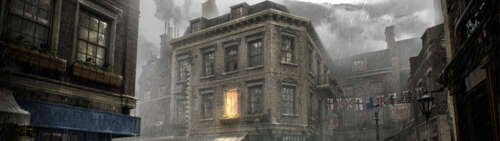 Mroczna, deszczowa ulica w Londynie, na której znajduje się budynek w stylu wiktoriańskim,... Dual UHD