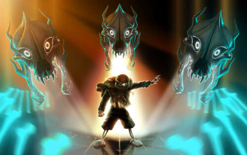 Sans, postać ze znanej gry wideo Undertale, prezentuje swój charakterystyczny szkieletowy... 7680x4800