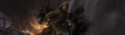 Dobrze opancerzony średniowieczny wojownik przemierzający mroczne, oświetlone pochodniami... Dual UHD