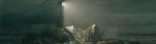 Sherlock Holmes stoi w pobliżu latarni morskiej podczas szalejącej burzy na opuszczonej... Dual UHD