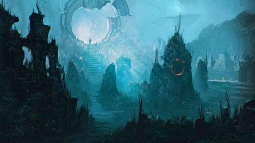 Widok z głębin oceanu na starożytne, zrujnowane kamienne budowle, pogrążone w ciemnoniebieskiej... 8K