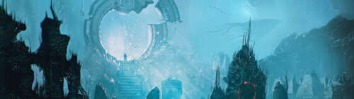 Widok z głębin oceanu na starożytne, zrujnowane kamienne budowle, pogrążone w ciemnoniebieskiej... Dual UHD