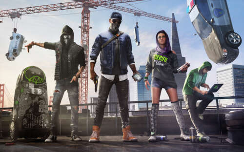 Zdjęcie grupowe przedstawiające postacie z gry wideo Watch Dogs 2: Marcusa Hollowaya,... 7680x4800