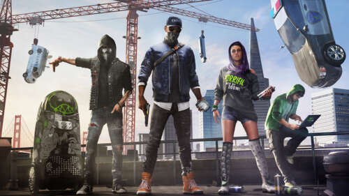 Zdjęcie grupowe przedstawiające postacie z gry wideo Watch Dogs 2: Marcusa Hollowaya,... 8K