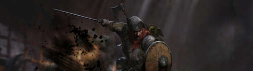 Znużony walką wojownik stoi w słabo oświetlonym, wilgotnym kamiennym lochu, a inspiracją... Dual UHD