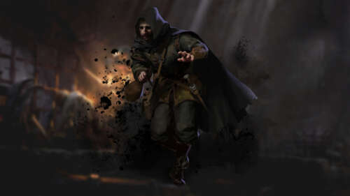 Mroczny wojownik w ciężkiej zbroi, stojący w ciemnym, oświetlonym pochodniami korytarzu... 8K