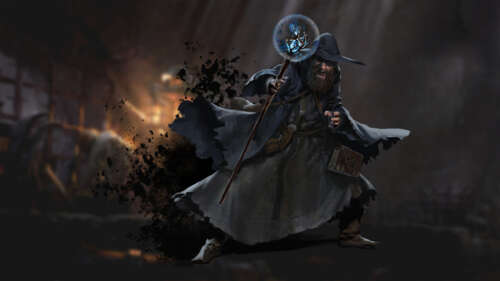 Mroczny mag z gatunku fantasy, pochodzący z gry Dark and Darker, trzymający świecący,... 8K