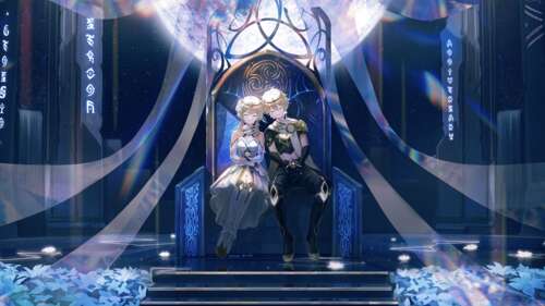 Aether i Lumine z gry Genshin Impact stoją obok siebie. 8K