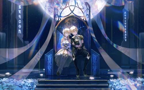 Aether i Lumine z gry Genshin Impact stoją obok siebie. 7680x4800