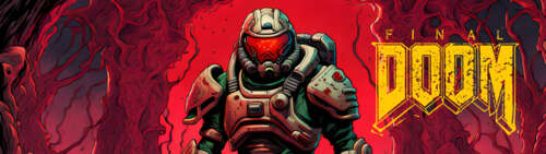 Doomguy, bohater serii gier komputerowych Doom, stoi pośród mrocznego i piekielnego... Dual UHD