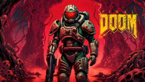 Doomguy, bohater serii gier komputerowych Doom, stoi pośród mrocznego i piekielnego... 8K