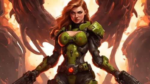 Żeńska wojowniczka w ciężkiej zbroi, dzierżąca dużą broń palną i walcząca z demonem,... 8K