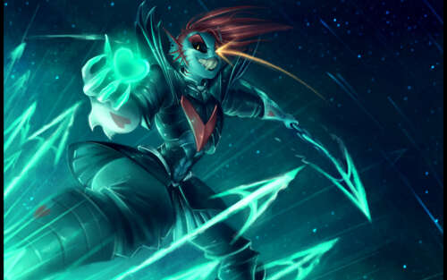 Undyne, nieśmiertelna wojowniczka z gry Undertale, ubrana w zbroję, z czerwonymi... 7680x4800