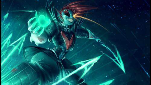 Undyne, nieśmiertelna wojowniczka z gry Undertale, ubrana w zbroję, z czerwonymi... 8K