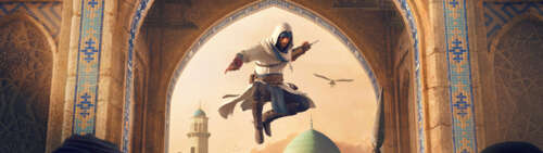 Basim Ibn Ishaq z gry Assassin's Creed Mirage, ubrany w charakterystyczny, zakapturzony... Dual UHD