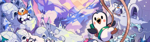 Dwa urocze pingwiny, połączone liną, wspinają się na ośnieżoną górę. To postacie... Dual UHD