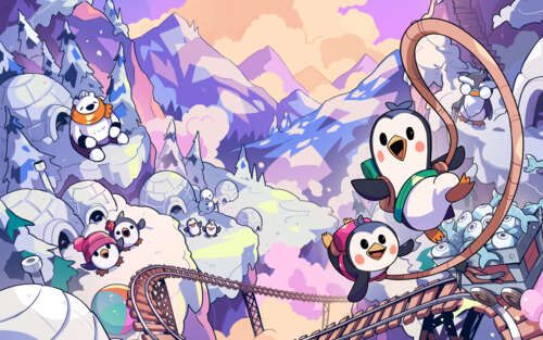 Dwa urocze pingwiny, połączone liną, wspinają się na ośnieżoną górę. To postacie... 7680x4800