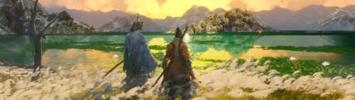 Isshin Ashina z gry Sekiro: Shadows Die Twice podczas radosnego spotkania. Dual UHD