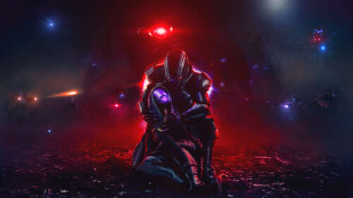 Tali'Zorah w swoim charakterystycznym skafandrze ochronnym, obok komandora Sheparda... 8K