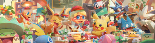 Wzruszająca grupa różnorodnych postaci Pokémon, w tym Pikachu, Eevee, Lucario i Sobble,... Dual UHD