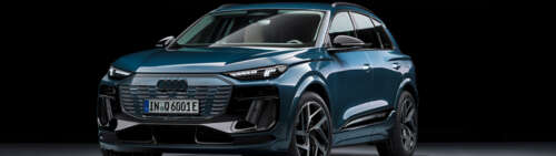 Szczegółowe zdjęcie nowoczesnego, elektrycznego luksusowego SUV-a Audi Q6 E-tron. Dual UHD