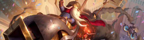 Corki z League of Legends pilotuje swój charakterystyczny samolot w dynamicznej scenerii... Dual UHD