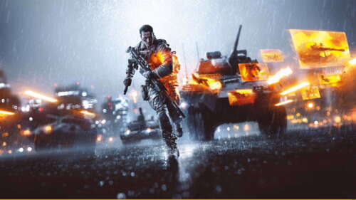 Ciężki czołg wojskowy porusza się po spowitym dymem i usianym szczątkami polu bitwy... 8K