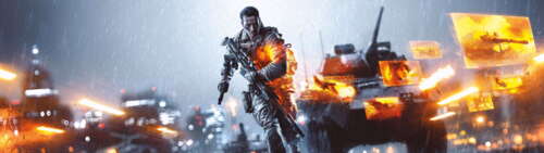 Ciężki czołg wojskowy porusza się po spowitym dymem i usianym szczątkami polu bitwy... Dual UHD