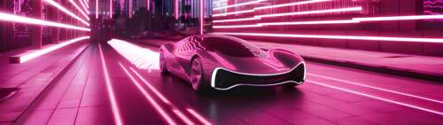 Nowoczesny, futurystyczny samochód mknie przez rozświetlone neonami miasto nocą.