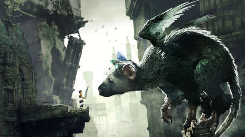 Trico, kultowa postać z gry „The Last Guardian”, stoi pośród starożytnej, kamiennej... 8K