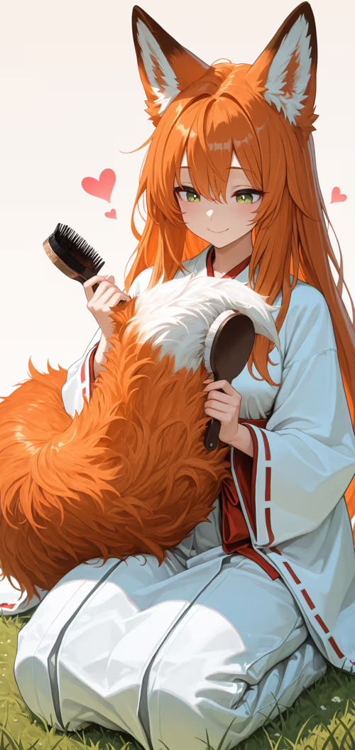 Dziewczyna w stylu anime, przypominająca lisicę, ma długie, pomarańczowe włosy i...