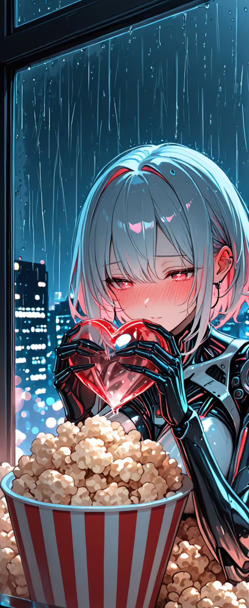 Dziewczyna w stylu anime, będąca cyborgiem, ma krótkie, jasnoniebieskie włosy i niebieskie...