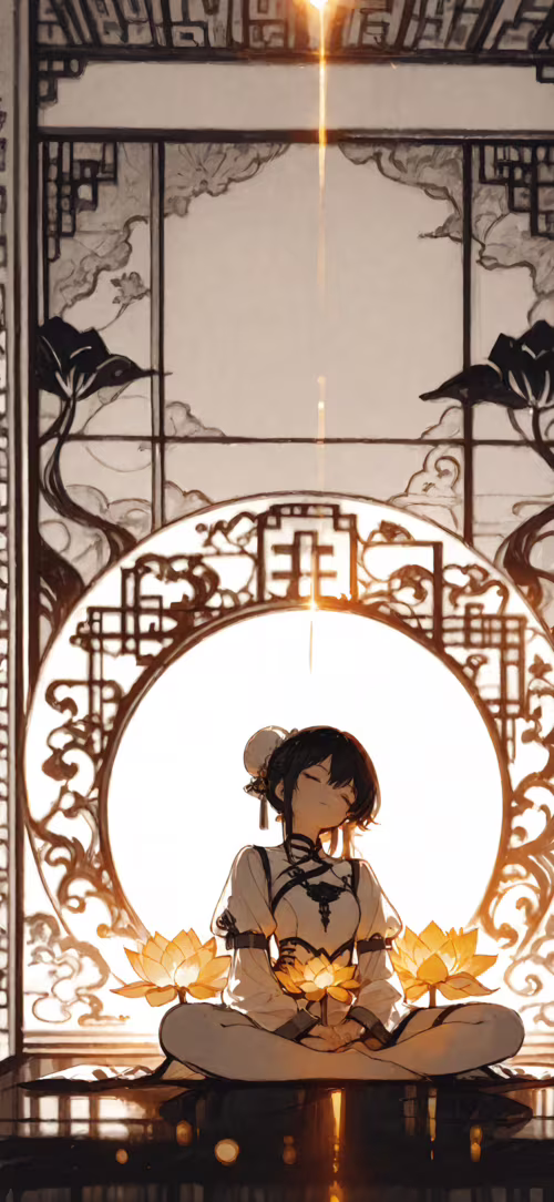 Dziewczyna w stylu anime, o białych włosach upiętych w dwa koki, medytuje w pozycji... Apple iPhone 16