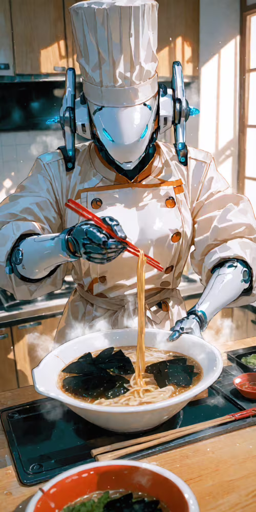 Biały, futurystyczny robot ubrany w pełny strój kucharza, w tym wysoki, charakterystyczny...