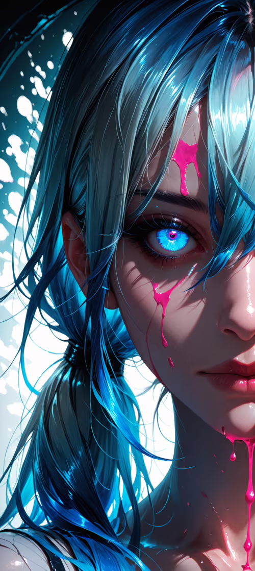 Zbliżenie przedstawiające portret młodej kobiety z różowo-niebieskimi włosami spiętymi...