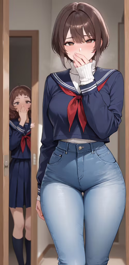 Dziewczyna w stylu anime, o krótkich, brązowych włosach, ubrana w biały, dziergany... Samsung Galaxy J4 Core