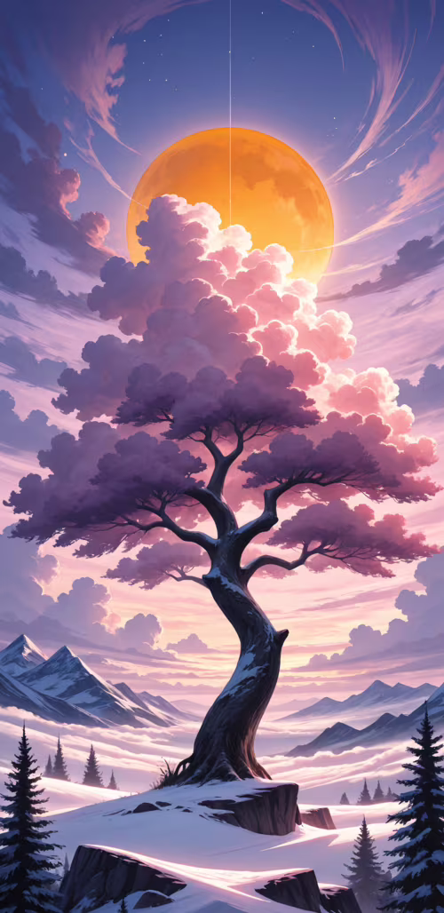 Wielka, majestatyczna sosna, której sylwetka wyłania się na tle jaskrawo fioletowo-różowego...