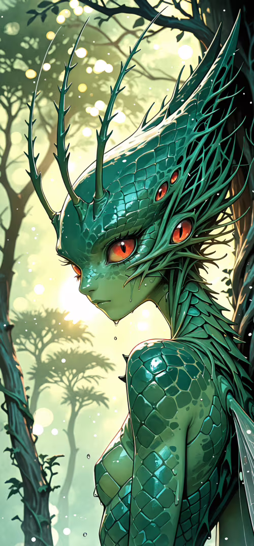 Ilustracja w stylu anime przedstawiająca fantastyczną istotę żeńską w mglistym lesie.... Huawei P30 Lite